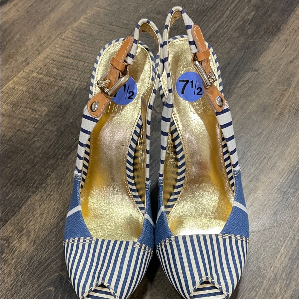 Coach Blue and White Striped Espadrilles
